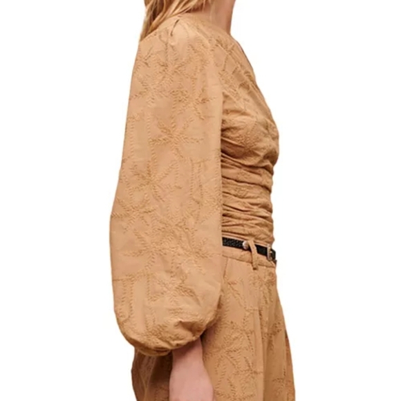MAJE Lalmeto One Sleeve Tan BROWN Blouse Embroidered Cut Out Zipper Size 1 S - Picture 14 of 16